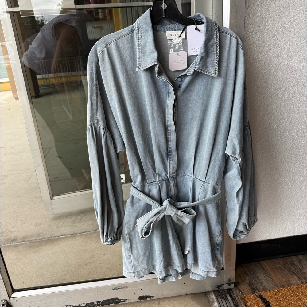 Denim Long Sleeve Romper with Belt